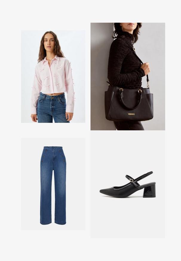 Roze cropped shirt van lichtgewicht stof, met een knoopsluiting aan de voorkant, een puntige kraag en decoratieve strikken op de mouwen. Gecombineerd met blauwe jeans.; Hoge taille denim jeans in medium blauw. Bevat knopen aan de voorkant en een wijde pijpontwerp. De stof heeft een gladde textuur met een lichte vervaging.; Zwarte gepolijste leren slingback hakken met een spitse neus, een ronde uitsnede en een blokhak. Voorzien van een gouden gespaccent.; Zwarte handtas met gestructureerd oppervlak, dubbele bovenhandvatten en verstelbare schouderriem. Voorzien van goudkleurige hardware en zijzakken.