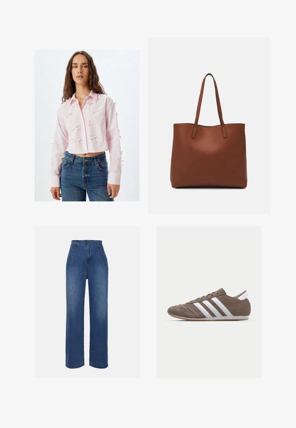 Lyserød cropped skjorte lavet af letvægtsstof, med knaplukning foran, spidse kraver og dekorative sløjfer på ærmerne. Sammen med blå jeans.; Højtaljede denimjeans i mellemblå. Har frontknapdetaljer og bred benlængde. Stoffet har en glat tekstur med let falmning.; Brune ruskind atletisk sko med hvide striber, rund tå, snørebåndsdesign og gummisål. Tekstureret overdel med syningsdetaljer.; Brun læder tote taske med en glat overflade, åben topdesign og to skulderremme. Har minimal syning og ingen synlig hardware.