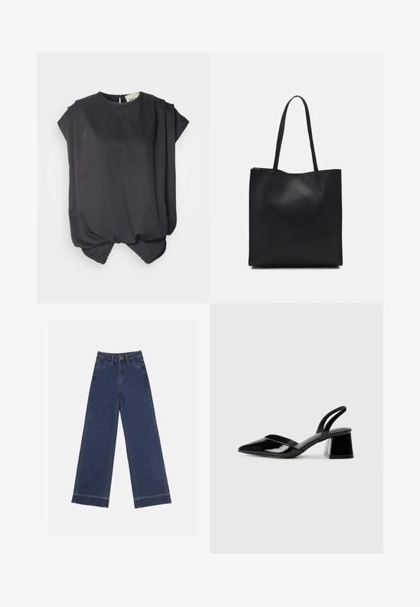 Svart kortermet topp laget av glatt stoff. Har rund hals, drapert design og en samlet hem med en lett bobleform.; Videbenede dressbukser i mørkeblå denim. Har fem lommer, beltestropper og en rå kant i bunden med synlige stikninger.; Svarte patentlær slingback hæler med spiss tå og geometrisk blokk hæl. Har et stilrent, minimalistisk design og jevn tekstur.; Svart lær tote bag med glatt tekstur, rektangulær form og to lange håndtak. Ingen synlige deler eller dekorasjoner.