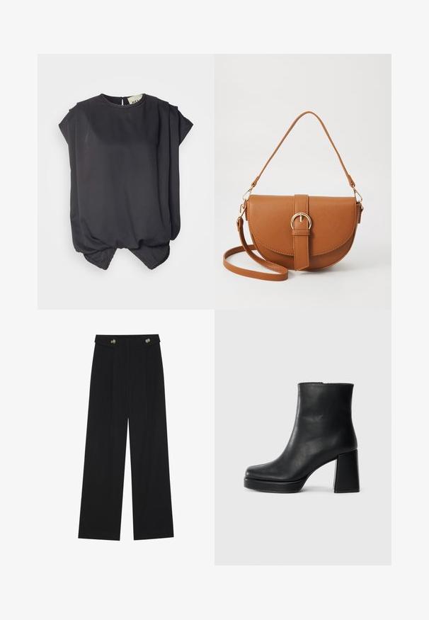 Svart kortermet topp laget av glatt stoff. Har rund hals, drapert design og en samlet hem med en lett bobleform.; Svart vide bukser med høy midje, knappdetaljer på midjebåndet og frontplisser.; Sorte skinnankelsko med blokkhæl og plattformsåle, sett fra siden på en enkel hvit bakgrunn.; Brun lærcrossbody-veske med en buet form, gullhardware og et spenneakcent. Har en avtakbar skulderreim.
