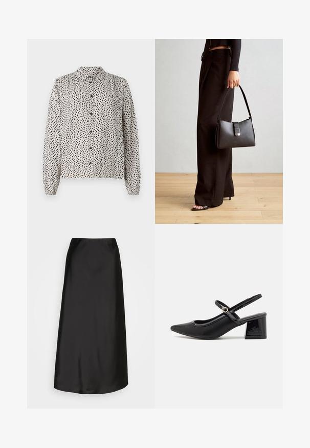 Koszula zapinana na guziki w kolorze kremowym z czarnymi plamkami, z kołnierzykiem, długimi rękawami i elastycznymi mankietami. Wykonana z lekkiego, gładkiego materiału.; Czarna satynowa spódnica midi o gładkiej fakturze, w kształcie litery A i subtelnym połysku. Posiada elegancki, prosty fason bez zdobień.; Czarne lakierowane czółenka na słupku ze spiczastym noskiem, lekko zaokrąglonym wycięciem i obcasem w kształcie bloku. Posiadają złotą klamrę jako akcent dekoracyjny.; Czarna torebka o usztywnionym kształcie, gładkiej fakturze i metalowym zapięciem. Połączona z szerokimi czarnymi spodniami i sandałami na otwartym palcu na drewnianej podłodze.