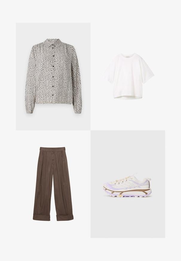 Knoopshirt in crème met zwarte spikkels, met een kraag, lange mouwen en elastische manchetten. Gemaakt van een lichtgewicht, gladde stof.; Witte t-shirt met korte mouwen, ronde halslijn, ontspannen pasvorm en een licht gebogen zoom. Gemaakt van soepele, zachte stof met minimale naden.; Bruine wijde broek van katoen, met een knoopsluiting, geplooide voorkant en opgerolde manchetten voor een relaxte pasvorm.; Lichte hardloopschoenen met een crème en lavendel kleurige mesh bovenkant, versterkte rubberen zool en kenmerkende groeven voor grip.