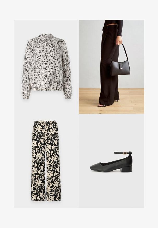 Button-up shirt in cream with black speckles, featuring a collar, long sleeves, and elastic cuffs. Made from a lightweight, smooth fabric.; Black short-sleeve top made of smooth material, featuring a peplum design and a belted waist with two round, silver-tone buttons.; Black wide-leg pants with a cream floral pattern. Made of lightweight fabric, featuring a smooth texture and a high waistband.; Black leather pump with a pointed toe and a low block heel. Features an ankle strap with a gold-tone buckle. Smooth texture.; Black handbag with structured shape, smooth texture, and a metallic clasp. Paired with wide black pants and open-toe sandals on wooden floor.
