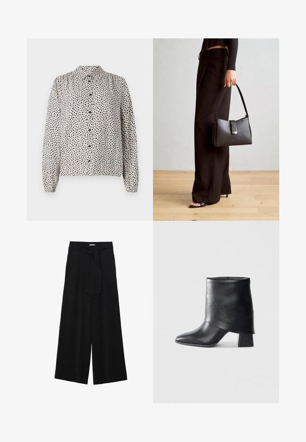 Button-up shirt in cream with black speckles, featuring a collar, long sleeves, and elastic cuffs. Made from a lightweight, smooth fabric.; Black wide-leg pants featuring a textured fabric, an elastic waistband, and a detachable sash tie at the waist for adjustable fit.; Black leather ankle boot with a pointed toe, smooth texture, and a structured block heel. Features a high, folded cuff design.; Black handbag with structured shape, smooth texture, and a metallic clasp. Paired with wide black pants and open-toe sandals on wooden floor.