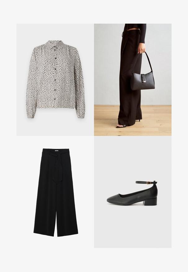 Hemd in Creme mit schwarzen Sprenkeln, mit Kragen, langen Ärmeln und elastischen Manschetten. Hergestellt aus einem leichten, glatten Stoff.; Schwarze weite Hosen aus strukturiertem Stoff, mit elastischem Bund und einem abnehmbaren Bindegürtel in der Taille für eine verstellbare Passform.; Schwarze Lederpumps mit spitzem Zehenbereich und niedrigem Blockabsatz. Mit einem Knöchelriemen und einer goldfarbenen Schnalle. Glatte Textur.; Schwarze Handtasche mit strukturierter Form, glatter Textur und einem metallischen Verschluss. Kombiniert mit weiten schwarzen Hosen und offenen Sandalen auf einem Holzboden.