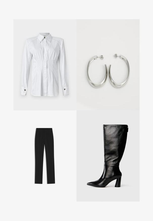 Elisabetta Franchi Camicia - bianco; Pantaloni neri su misura con un design a gamba dritta, dotati di tasche frontali e un tessuto liscio e strutturato. Dettagli ordinati e minimalisti.; Stivale in pelle nera, alto fino al ginocchio, con punta affusolata, superficie liscia e tacco spesso. Presenta un dettaglio con zip sul retro.; Orecchini a cerchio argentati con un design liscio e curvo. Presentano una finitura metallica lucida e una chiusura a perno. Nessun motivo o accentuazione visibile.