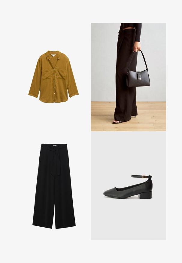 Mosterdgele button-up shirt met een kraag, lange mouwen en twee borstzakken. Gemaakt van een lichte, gestructureerde stof.; Zwarte wijde broek van textuurstof, met een elastische tailleband en een afneembare sjaalstrik in de taille voor een verstelbare pasvorm.; Zwarte leren pump met een spitse neus en een lage blokhak. Beschikt over een enkelband met een goudkleurige gespsluiting. Gladde textuur.; Zwarte handtas met gestructureerde vorm, gladde textuur en een metalen sluiting. Gecombineerd met brede zwarte broeken en sandalen met open teen op een houten vloer.