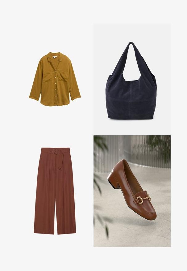 Mosterdgele button-up shirt met een kraag, lange mouwen en twee borstzakken. Gemaakt van een lichte, gestructureerde stof.; Brunnen wijduitlopende broeken van stof, met een riem met een vierkante gesp, geplooid ontwerp en een gladde textuur.; Bruine lakleren loafer met vierkante neus, metallic kettingaccent en lage blokhak; gladde textuur, minimalistisch ontwerp.; Marineblauwe suède handtas met een slouchy ontwerp, brede schouderbanden en zichtbare stikdetails op het lichaam.