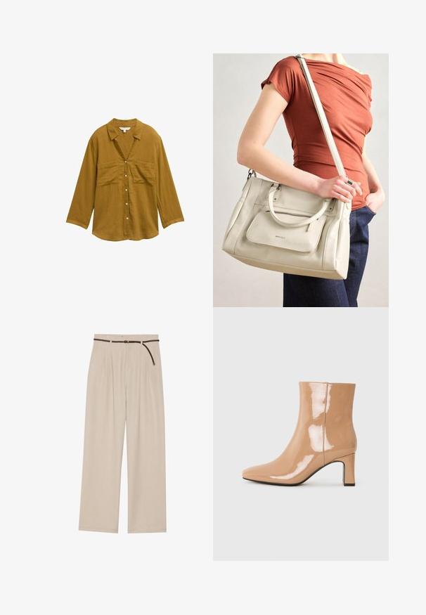 Sennepsgul skjorte med knaplukning, krave, lange ærmer og to forneden lommer. Lavet af et let, tekstureret stof.; Beige vide benbukser med indlæg, lavet af letvægtsstof, med et flettet brunt bælte og en lige kant.; Nude patent ankelstøvler med spids tå, en skinnende overflade og en blokhæl i mellem højde. Glat tekstur og strømlinet silhuet.; Hvid lædertaske med dobbelte hanke og en aftagelig skulderrem, der har en lynlåslomme foran og en glat overflade. Bæres på en persons arm.