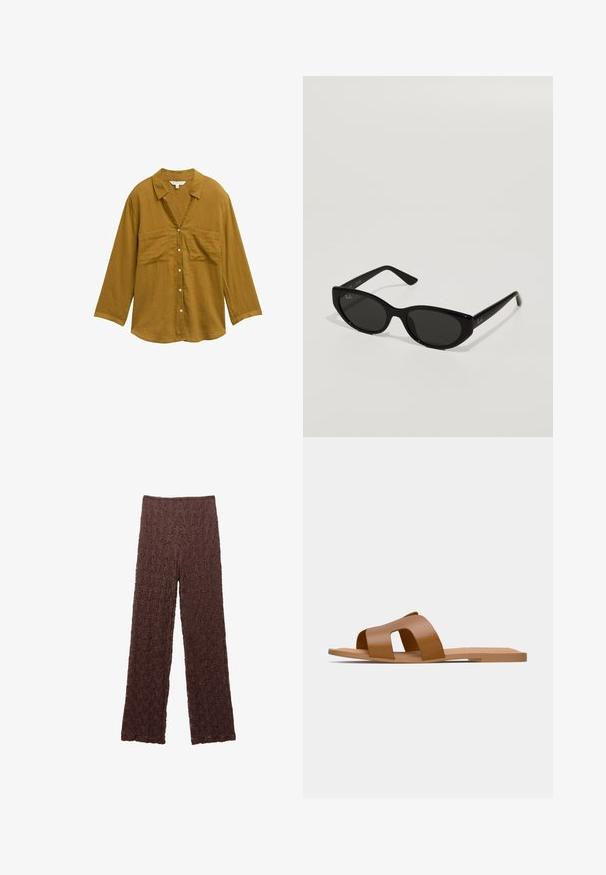 Musztardowa koszula z guzikami, z kołnierzykiem, długimi rękawami i dwiema przednimi kieszeniami. Wykonana z lekkiego, teksturowanego materiału.; Brązowe spodnie teksturowane o pomarszczonej powierzchni, szerokich nogawkach i elastycznym pasie. Materiał wydaje się miękki i lekko rozciągliwy.; Brązowe płaskie sandały z szerokimi, skrzyżowanymi paskami z gładkiego materiału syntetycznego i płaską, minimalistyczną podeszwą.; Czarne okulary przeciwsłoneczne o wąskim, kocim kształcie. Wykonane z gładkiego plastiku, z ciemnymi soczewkami i subtelnymi akcentami logo na zausznikach.; Spleciona torba z trawy z plecionym wzorem, ciemnobrązowe skórzane uchwyty i podstawa, szeroki okrągły kształt oraz otwarty projekt.; Biały klips do włosów w kształcie kwiatu z jasnym żółtym gradientem, z mechanizmem sprężynowym i gładką plastikową teksturą.