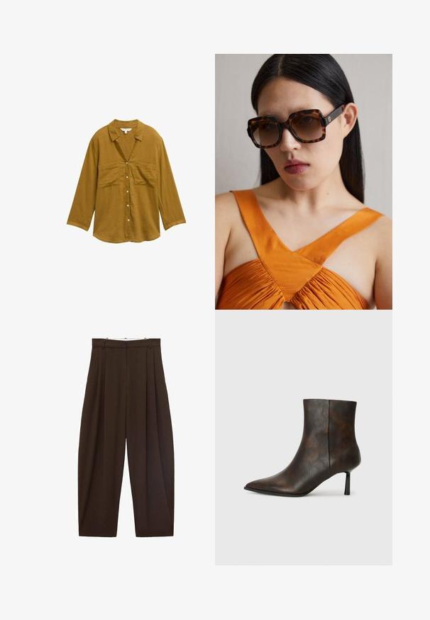 Camisa amarilla mostaza con botones, cuello, mangas largas y dos bolsillos frontales. Fabricada con una tela ligera y texturizada.; Pantalones de talle alto marrones con pliegues, hechos de tela suave. Corte holgado, diseño de pierna recta, con lazos para cinturón y cremallera.; Botín de cuero marrón hasta el tobillo con punta afilada, diseño elegante y un tacón negro delgado. Superficie texturizada con un patrón sutil.; Gafas de sol de gran tamaño en carey marrón con un amplio marco rectangular y lentes graduados. Detalles del logo en dorado en el lateral.; Bolso de ante marrón con una larga correa de cuero, herrajes de plata, forma rectangular y una solapa plana con un adorno central.