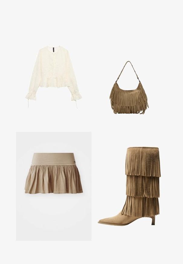 Blusa a maniche lunghe color crema con orlo peplum, motivo floreale testurizzato e dettaglio con fiocco al collo. Polsini a campana con fiocchi.; Gonna di cotone beige con orlo arricciato, dotata di una ampia vita elasticizzata. Materiale leggero con una morbida texture e design informale.; Stivale alla caviglia in suede color ocra con tre strati di frange. Punta affusolata e tacco basso a blocco. Texture liscia su tutta la superficie.; Borsa a tracolla in suede marrone con lunghi dettagli in frange, forma curva e una singola tracolla. Presenta una superficie liscia e testurizzata.
