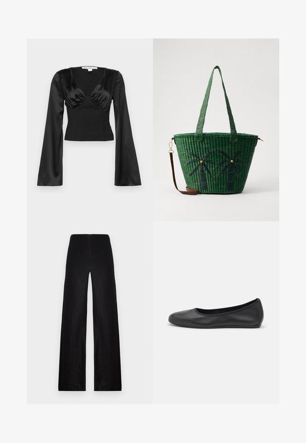 Černý saténový crop top s hlubokým V výstřihem, nařaseným detailem na hrudníku a dlouhými, rozšířenými rukávy pro strukturovaný vzhled.; Černé široké kalhoty vyrobené z lehké tkaniny. Mají vysoký pas, hladkou strukturu a čisté linie bez kapes nebo ozdob.; Černé kožené baletní byty s kulatou špičkou, hladkou texturou, minimálními švy a flexibilním designem podrážky.; Zelená tkaná taška přes rameno s motivy palem v tmavě zelené; obsahuje dva ucha a odnímatelný hnědý kožený popruh.