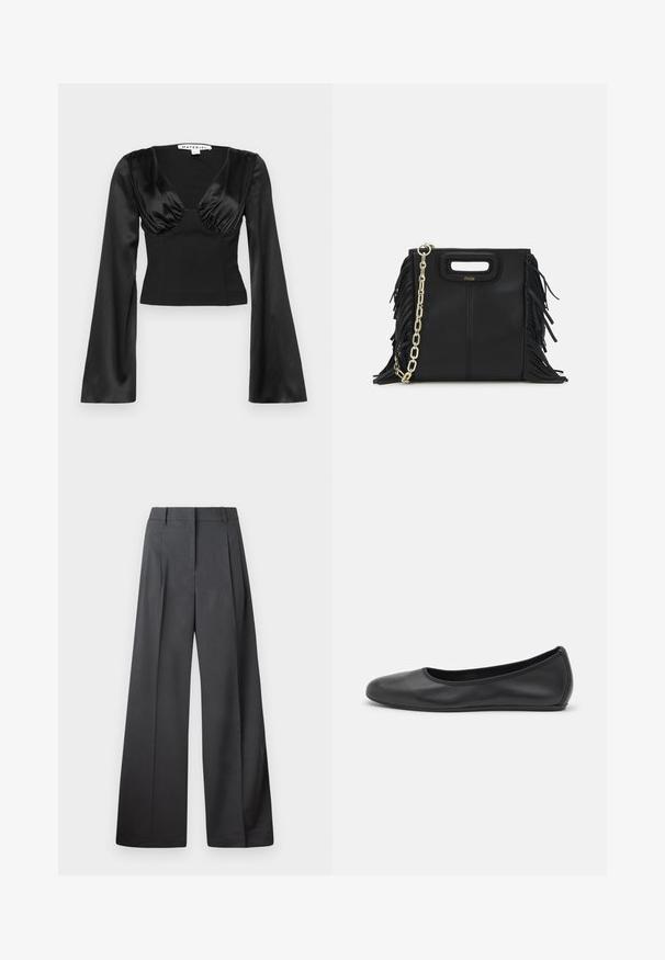 Čierny saténový crop top s hlbokým V výstrihom, riasením na dekolte a dlhými, rozšírenými rukávmi pre štruktúrovaný strih.; Nohavice s širokými nohavicami z tmavošedej látky, s vysokým pásom, jedinými záhybmi a hladkou textúrou s čistým zakončením na lemoch.; Čierne kožené baleríny s okrúhlou špičkou, hladkým povrchom, minimálnym prešívaním a flexibilným dizajnom podrážky.; Čierna kožená kabelka s strapcami, zlatým reťazovým ramenným popruhom a vykrojenou rukoväťou. Na prednej strane sa nachádza logo.