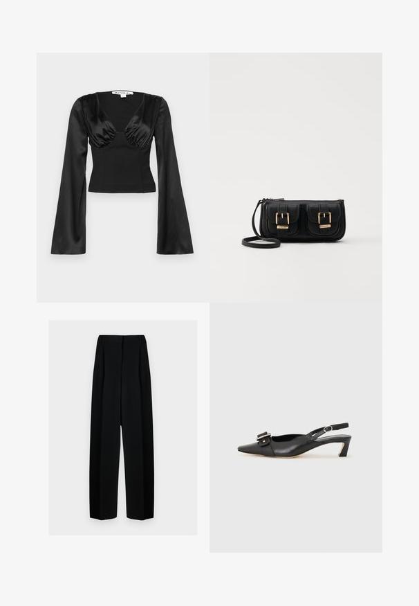 Musta satiinist lühikeses Ülesenelles on sügava V-kaeluse, kortsustatud rinnaosa ja pikad, laienevad varrukad, mis tagavad struktureeritud sobivuse.; Mustad laiad püksid kõrge vöökohtaga, millel on voldid ja sujuv tekstuur. Kanga välimus on kerge ja see ripub elegantselt.; Must must nahk slingback kingad terava varbaga, väikese kontsaga ja dekoratiivse pandlaga ülaosas. Sile tekstuur, minimalistlik disain.; Must küllastamata nahast õlakott, millel on kaks esist nähtavat taskut, kuldsed pandlad, tõmblukuga sulgemine ja peen rihm. Tekstuuriga pind ja kompaktne ristkülikukujuline kuju.
