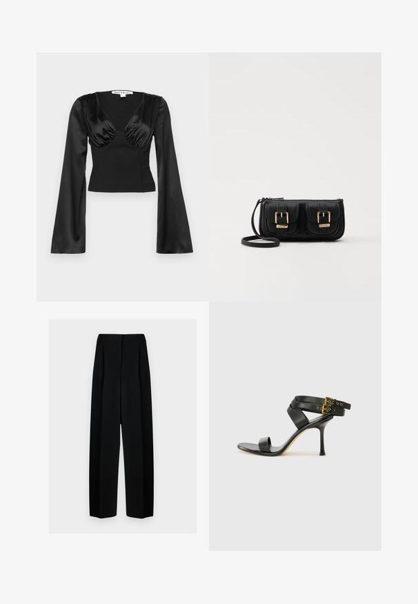 Juodas satino trumpas palaidinukas su giliu V formos iškirpimu, raukšlėta krūtine ir ilgomis, išplatėjusiomis rankovėmis, užtikrinančiomis struktūrišką prigludimą.; Juodos plačios kelnės su aukštu liemeniu, su klostėmis ir glotnia tekstūra. Medžiaga atrodo lengva ir dailiai krenta.; Juodi kulniškų sandalai su kryžminėmis juostelėmis ir reguliuojamu sagtimi. Ypatybė – lygus paviršius ir siauras smailas kulnas.; Juodas odinis per petį nešiojamas krepšys su dviem priekiniais kišenėmis, auksiniais sagtimis, užtrauktuko uždarymu ir siauromis petnešomis. Textūruota paviršius ir kompaktiškas stačiakampis formatas.