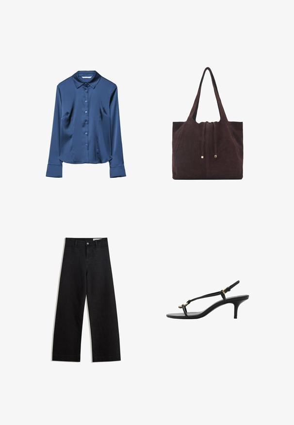 Tummansininen satiininen pitkähihainen paita, jossa on kaulus, etunapit ja sivutaskut. Suunnikas tekstuuri ja istuva malli.; Mustat leveät farkut korkealla vyötäröllä, joissa on etu- ja takataskut, ommellut saumat ja nappisuljenta. Silkinoinen rakenne.; Mustat nahkakengät, joissa on kissankorko, ohuet hihnat, kultainen solki ja minimalistinen varvaslenkki valkoisella taustalla.; Mango Shopping bag - dark brown