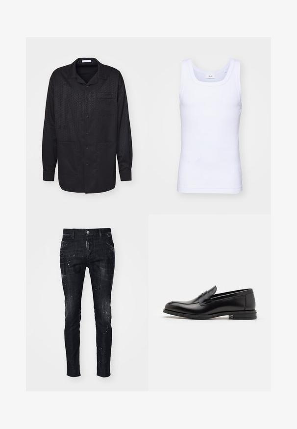 Black button-up shirt with a subtle textured pattern, long sleeves, notched collar, and one chest pocket. Soft fabric and classic design.; White cotton sleeveless tank top with a round neckline, featuring a smooth texture and a fitting shape, designed for casual wear.; Black denim jeans with a slim fit, featuring a distressed finish, splatter pattern, and front pockets. Branding is visible on the front.; Black leather loafers with a smooth texture, rounded toe, and a decorative strap across the vamp. Low stacked heel, minimalist design.