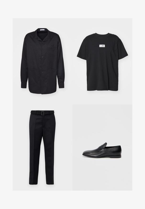 Mustra musta nööbitav särk, millel on peen tekstuur, pikkade varrukatega, sälguga krae ja üks rinnakotis. Pehme kangas ja klassikaline disain.; Must tokk T-särk mustas, ümar kaelus, lühikesed varrukad ja ristkülikukujuline valge sildil, millel on numbrid ja graafiline disain.; Mustad mustad püksid on valmistatud siledast kangast, sirgelt lõigatud ja beldiga vöökoht, millel on ristkülikukujuline pandla. Märkimisväärsed esisellukid täiustavad disaini.; Must musta libisemisega king, millel on terav varvas, sile tekstuur ja tagasihoidlik bränding küljel. Madal konts puhta ja minimalistliku disainiga.