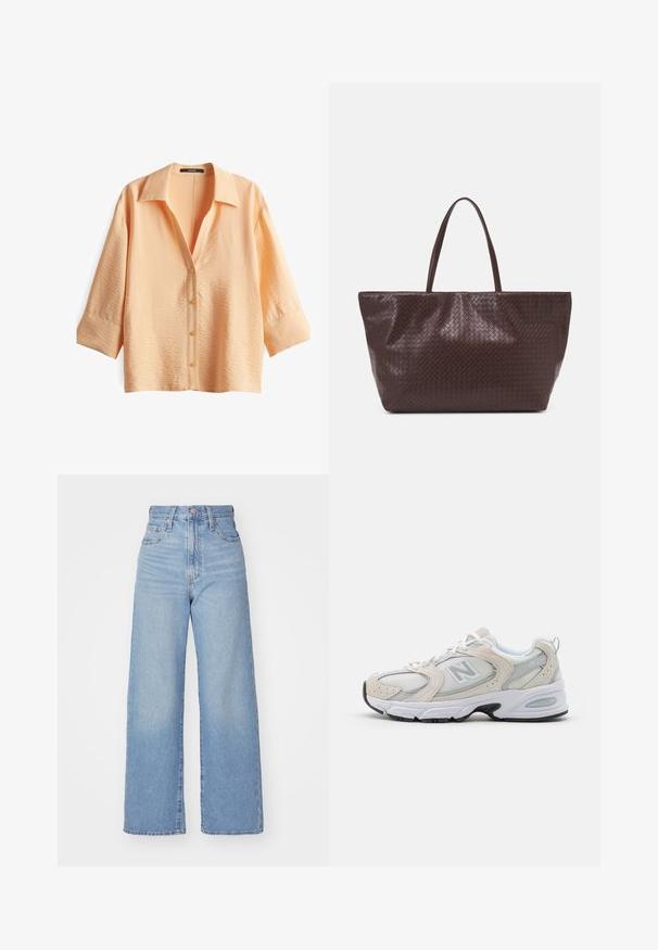 Peach-colored, short-sleeve blouse with a collared neckline and five buttons. Features a textured fabric with subtle vertical lines.; Light blue high-waist wide-leg jeans with front button and zip closure, front and back pockets, on a white background.; Athletic shoe featuring a light gray mesh upper with suede accents, white laces, and a black rubber sole. Notable ABZORB cushioning detail.; Brown woven leather tote bag with two handles, a structured shape, and a textured surface, featuring a diamond pattern throughout.