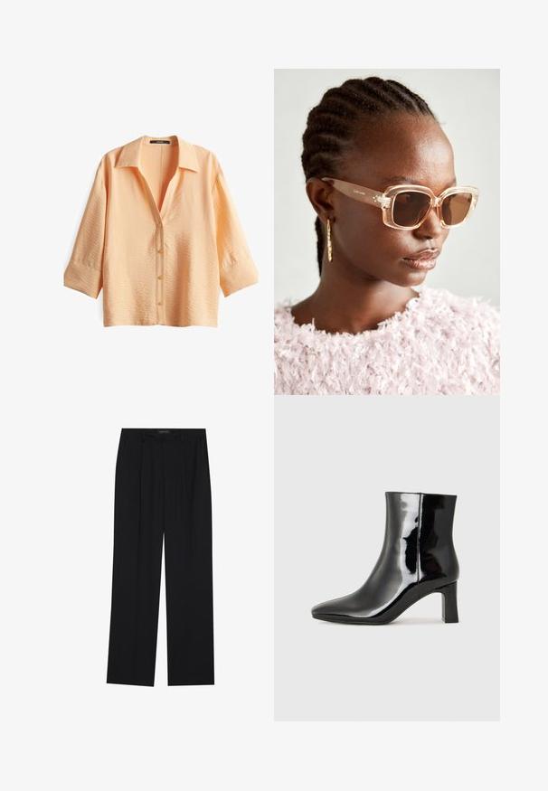 Blusa corta a maniche corte color pesca con colletto e cinque bottoni. Presenta un tessuto texture con sottili righe verticali.; Pantaloni neri con un design a gamba dritta, dotati di due tasche frontali e di una vita. Realizzati in un tessuto morbido e leggero.; Stivaletto in pelle verniciata nera con punta a punta e tacco a blocco di altezza media. Texture liscia e design minimalista.; Occhiali da sole oversize beige con montatura trasparente e lenti marroni sfumate, caratterizzati da sottili accenti floreali e un design geometrico audace.