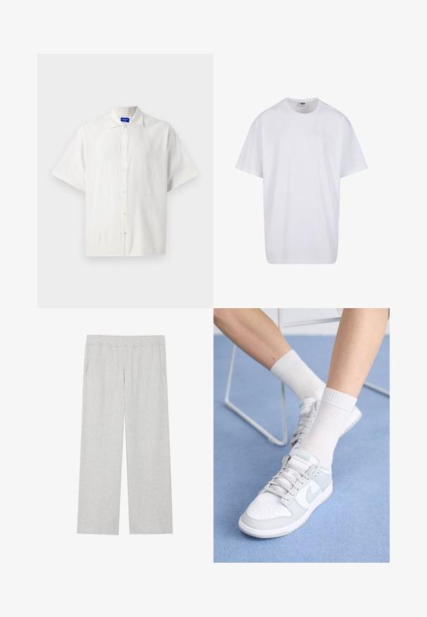 Krótki rękaw, biały koszula zapinana na guziki, wykonana z lekkiego materiału, z klasycznym kołnierzykiem i delikatną teksturą. Guziki są równomiernie rozmieszczone.; Biała bawełniana koszulka z krótkimi rękawami, okrągłym dekoltem, luźnym krojem i bez widocznych logo lub wzorów. Gładka tekstura i minimalistyczny design.; Jasnoszare, szerokie spodnie dresowe wykonane z miękkiego materiału. Posiadają elastyczny pas i boczne kieszenie. Gładka faktura z prostym designem.; Białe sneakersy z jasnoniebieskimi akcentami, skórzana cholewka, perforowany czubek, grube sznurowadła i żeberkowe białe skarpetki na niebieskim tle.