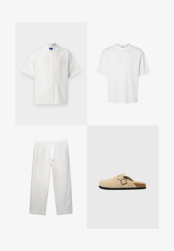 Krátky rukáv, biela košela na gombíky, vyrobená z ľahkého materiálu, s klasickým golierom a jemnou textúrou. Gombíky sú rovnomerne umiestnené.; Biele bavlnené tričko s krátkymi rukávmi, okrúhlym výstrihom a voľným strihom. Hladká textura bez viditeľných vzorov alebo akcentov.; Biele ľanové nohavice s elastickým pásom a šnúrkou, širokým strihom a čistými švami. Hladká textúra s ležérnym strihom.; Bežové semišové clogs na klinoch so korkovou stielkou, zaoblenou špičkou a jednoduchým remienkom so zlatým sponou. Gumová podrážka pre lepšiu priľnavosť.