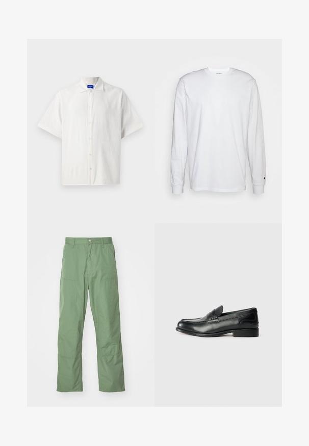 Camisa de botones blanca de manga corta, hecha de una tela ligera, con un cuello clásico y una textura sutil. Los botones están colocados de manera uniforme.; Camiseta blanca de manga larga hecha de algodón. Diseño de cuello redondo con puños acanalados y un pequeño logo en la manga izquierda. Textura suave.; Pantalones de corte relajado en un suave tono verde claro, con una textura lisa, que incluyen bolsillos laterales y detalles de costura visibles. De largo completo con un diseño de pierna recta.; Mocasines de cuero negro con un acabado suave, detalles de costura en la parte delantera y un tacón ligeramente elevado.