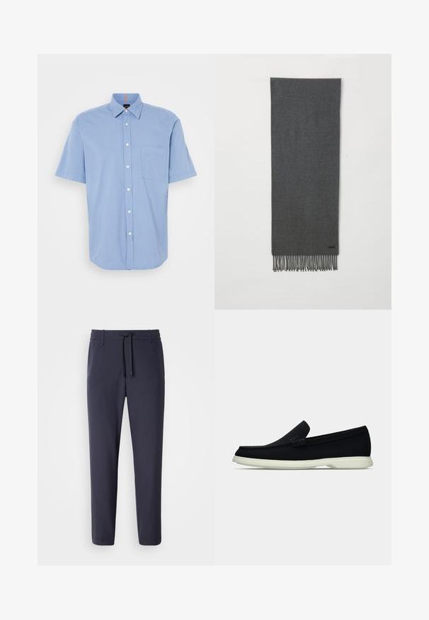 Gaiši zila īsām piedurknēm poga krekla, izgatavota no viegla auduma, ar krūšu kabatu un klasisku apkakli ar baltām pogām.; Jūras spēku sporta bikses ar elastīgu jostu un aukliņu. Izgatavotas no gludas materiāla, ar sašaurinātiem galiem un bez redzamām kabatām.; Melna slīdnešuve ar noapaļu purngalu, ar teksturētu augšdaļu, gludu baltu zoli un diskrētu zīmola detalizāciju sānos.; Pelēka vilnas šalle ar franjām, mīksta tekstūra, taisnstūra forma un neliels melns logotipa elements tuvu apakšējai malai.