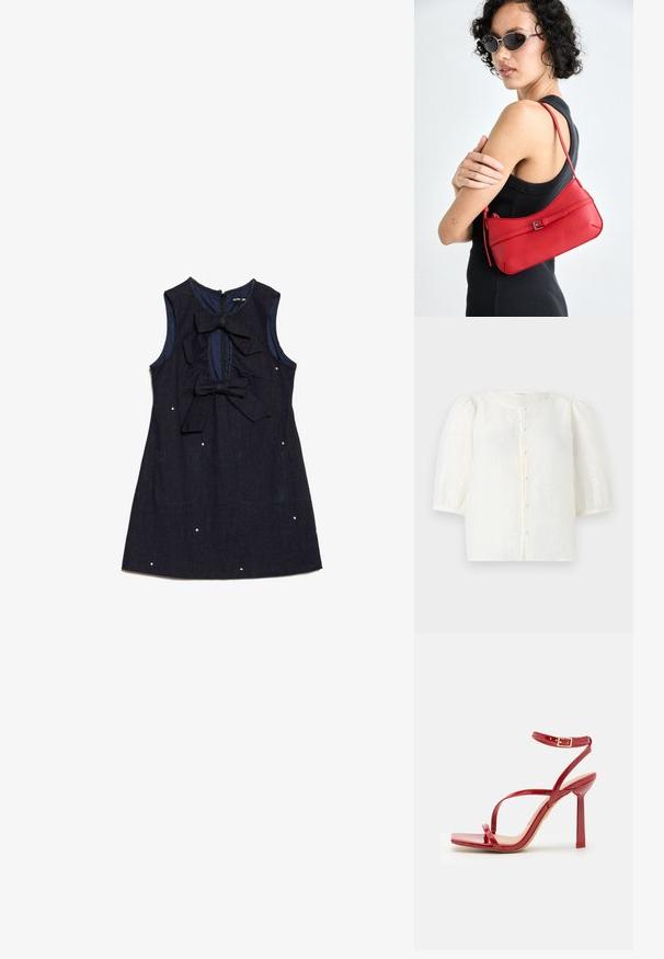 Fehér blúz strukturált anyagból, kerek nyakkivágással és rövid puffujjakkal. Elöl gombos záródással rendelkezik, kicsi, kerek gombokkal.; Tengerészkék farmer ruha ujjatlan fazonban, két nagy masnival elöl, és díszítő fehér pöttyökkel. Hátsó cipzáras záródással rendelkezik.; ALDO SCINTILLA - Magas sarkú szandálok - red; Piros bőr válltáska sima felülettel, ívelt dizájnnal és dekoratív csattal. Állítható pánt és cipzáras záródás.