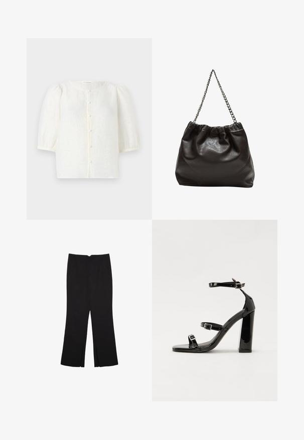 Blusa bianca con tessuto texture, scollatura rotonda e maniche a palloncino corte. Presenta una chiusura frontale con bottoni piccoli e rotondi.; Pantaloni neri a gamba dritta, con tasche frontali e spacchi laterali all'orlo. Realizzati in tessuto morbido e liscio. Adatti a diverse occasioni.; Sandali con tacco in vernice nera, con punta squadrata, cinturini alla caviglia e fibbie in argento. Presentano un tacco a blocco spesso per maggiore stabilità.; Borsa in pelle marrone con parte superiore arricciata e tracolla a catena. Texture liscia con finitura lucida e dettagli di cucitura sottili sui lati.