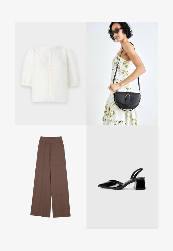 Hvit bluse med teksturert stoff, rund halsutskjæring og korte pufferm. Har en frontlukking med små, runde knapper.; Vide bukser laget av et teksturert, ribbet materiale i en varm brunfarge. Har en sømløs midje og en flytende silhuett.; Svarte patentlær slingback hæler med spiss tå og geometrisk blokk hæl. Har et stilrent, minimalistisk design og jevn tekstur.; Svart lærveske med en buet form, avtagbar stropp og gullbeslag. Vesken har et klaff med spenne-detall.