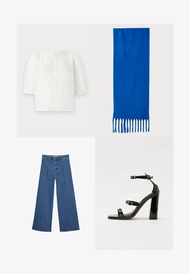 Blusa bianca con tessuto texture, scollatura rotonda e maniche a palloncino corte. Presenta una chiusura frontale con bottoni piccoli e rotondi.; Jeans in denim a gamba larga di blu medio, con vita alta, chiusura con bottone e dettagli delle cuciture verticali a contrasto lungo la parte anteriore.; Sandali con tacco in vernice nera, con punta squadrata, cinturini alla caviglia e fibbie in argento. Presentano un tacco a blocco spesso per maggiore stabilità.; Sciarpa blu con frange, realizzata in tessuto morbido; presenta un colore uniforme con una superficie testurizzata e frange tagliate in modo uniforme nella parte inferiore.; Borsa a tracolla nera in pelle con una forma curva, manico rimovibile e accessori dorati. La borsa presenta una patta con un dettaglio a fibbia.