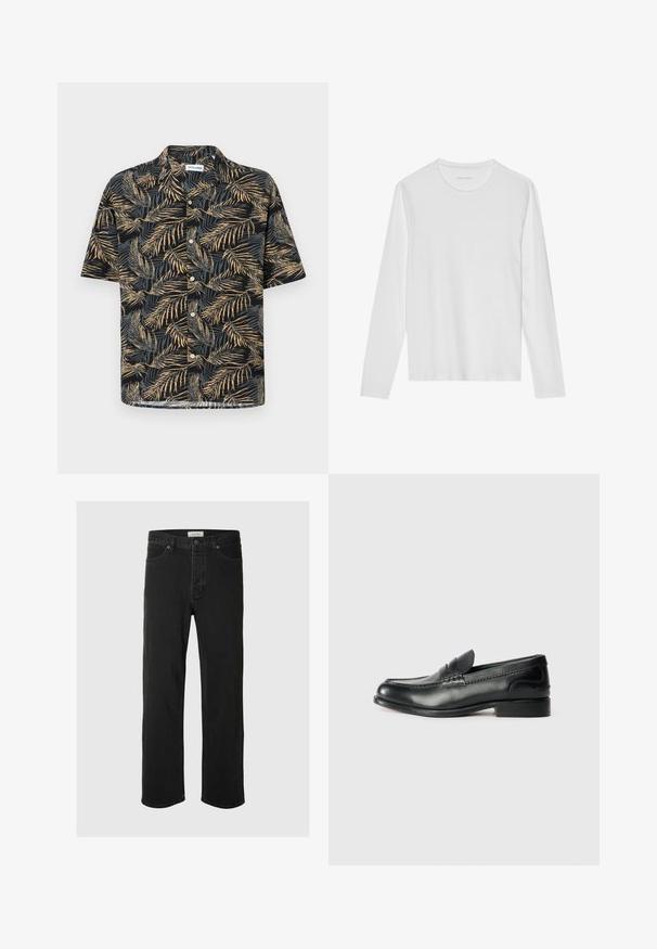 Fekete szövetből készült rövid ujjú póló, arany és bézs pálmalevél mintával, klasszikus gallérral és gombos záródással.; Hosszú ujjú fehér póló, puha anyagból, kerek nyakkivágással és sima, díszítés nélküli dizájnnal.; Fekete farmer egyenes szárú jezák klasszikus öt zsebes dizájnnal, gombos záródással, minimális varrással és puha tapintással rendelkezik.; Fekete bőr mokaszinok sima felülettel, varrott részletekkel a lábfej részen és kissé megemelt sarokkal.
