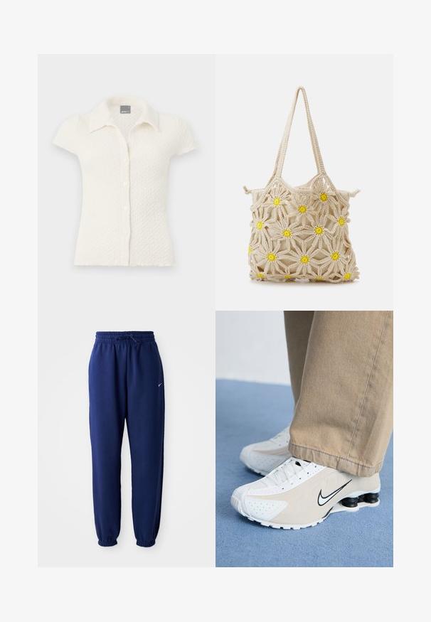 Lühikeste varrukatega, valge tekstuuriga pluus, millel on krae ja viie nööbiga kinnitamine, sisaldades peent kootud mustrit ja narmendavat serva.; Tumesinine dressipluus, mis on valmistatud pehmest kangast, elastse vöökoha ja nööriga, elastsete mansettide ning väikese valge logoga.; Valged ja beežid Nike'i tossud, millel on perforatsioonimuster, must swoosh-logo, tekstuurne pealis ja eriline veniv must konts.; Bež jootekott, millel on lillemuster ja kollased aktsendid. Kaks tugevat kätet, pehme tekstuur ja avatud disain.