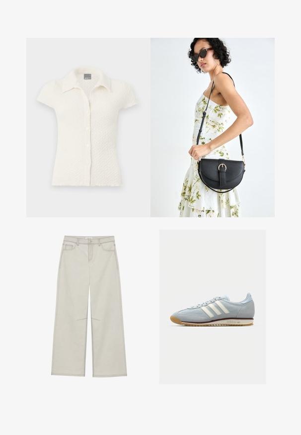 Blusa branca texturizada de mangas curtas, com gola e fecho de cinco botões, apresentando um padrão tecido subtil e a bainha desfiada.; Calças largas de um cinza claro com cinco bolsos, fecho frontal com botão e costuras em contraste ao longo das emendas. O tecido parece suave e durável.; Sneakers de camurça azul claro com três riscas brancas, sola de borracha e malha texturizada. Apresenta uma biqueira lisa e marca no calcanhar.; Bolsa de couro preta com forma curva, alça destacável e detalhes em dourado. A bolsa possui uma aba com detalhe de fivela.