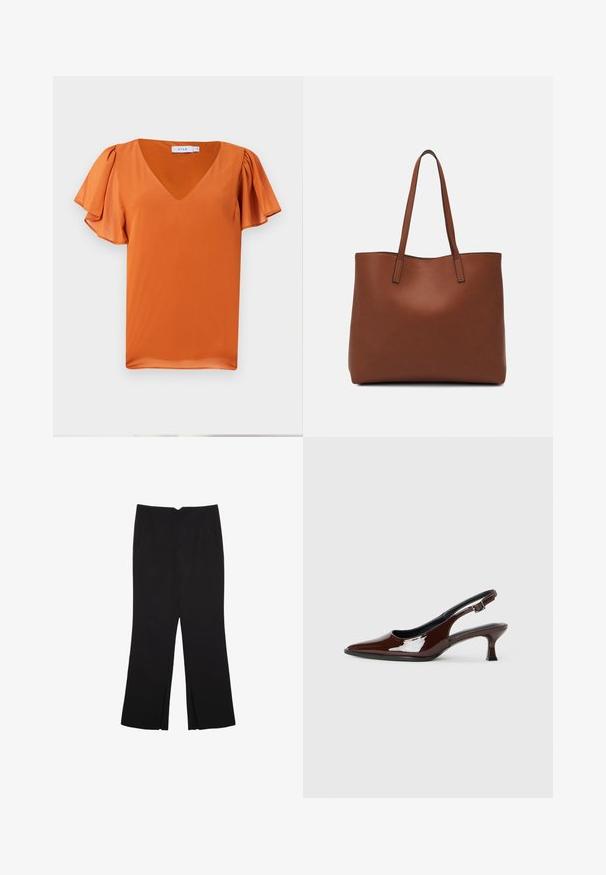 Kratka majica s kratkimi rokavi v svetlo oranžni barvi, z v-izrezom in mehko nabrano oblogo rokavov, narejena iz gladkega blaga zlahka teksturo.; Črne hlače ravnega kroja z naglavnimi žepi in stranskimi razporki na robu. Narejene iz mehke, gladke tkanine. Primerne za različne priložnosti.; Rjavi lakirani slingback čevelj z ostro konico in zmerno peto. Ima zaponko za varno prileganje. Gladka tekstura.; Rjava usnjena torba z gladko teksturo, odprto zasnovo zgoraj in dvema naramnima trakovoma. Opremljena je z minimalnim šivanjem in brez vidnih kovinskih delov.