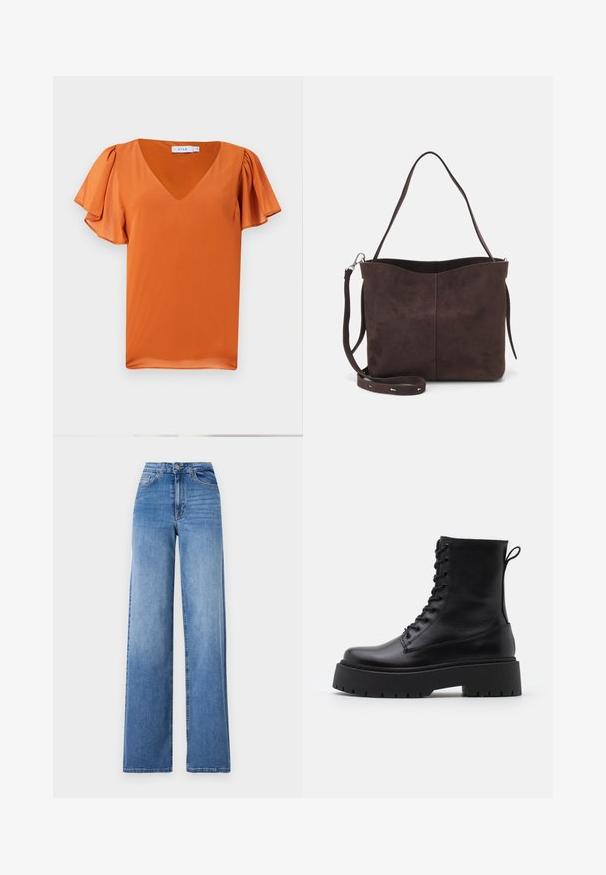 Lyhythihainen paita kirkkaan oranssina, jossa on V-pääntie ja pehmeästi rypytetyt hihat, valmistettu liukkaasta kankaasta, joka on kevyen tuntuinen.; Vaaleansiniset leveälahkeiset farkut, jotka on valmistettu denimestä. Ne ovat korkeavyötäröiset, niissä on etutaskut ja tavallinen nappikiinnitys. Pintakankaan rakenne on sileä.; Musta nahkainen nilkkureita, joissa on pyöreä kärki, nauhakiinnitys edessä ja paksu kumipohja, jossa on teksturoitu pinta. Takana vetotappi.; Ruskea mokkanahkainen kassi, jonka pinta on pehmeä. Kassissa on yksi olkahihna ja hienovarainen, kaareva yläaukeama. Ei näkyviä metalliosia.; Hopehope hopeilla, joissa on minimalistinen muotoilu. Pyöreä muoto, sileä pinta ja ohut profiili. Kevyet ja kiillotetut.