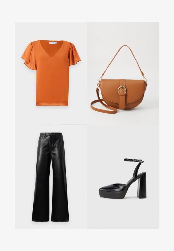Haut à manches courtes en orange vif, avec un col en V et des manches légèrement froncées, fabriqué en tissu lisse avec une texture légère.; Pantalons larges en faux cuir noire taille haute avec bouton avant, fermeture éclair, passants de ceinture et poches latérales sur fond blanc.; Escarpins noirs à plateforme avec un bout pointu et une sangle réglable à la cheville. Conçus en cuir lisse, avec un large talon bloc.; Sac bandoulière en cuir marron avec une forme incurvée, quincaillerie dorée et un accent en boucle. Comprend une bandoulière détachable.
