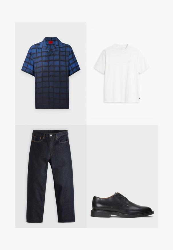 Férfi rövid ujjú gombos ing kék és fekete texturált ablakrács mintával és széles gallérral.; Fehér pamut póló rövid ujjakkal, kerek nyakkal és diszkrét Levi's logóval a középen. Puha tapintású és szabványos szabású.; Sötétkék farmernadrág egyenes szabással, öt zsebbel, kontrasztos narancssárga varrással és gombos záródással. Nem látható rajta mintázat vagy díszítés.; Fekete bőrből készült dresszcipő kerek orral, fűzős kialakítással és alacsony, rétegelt sarkával. Simás felület minimális varrási részletekkel.
