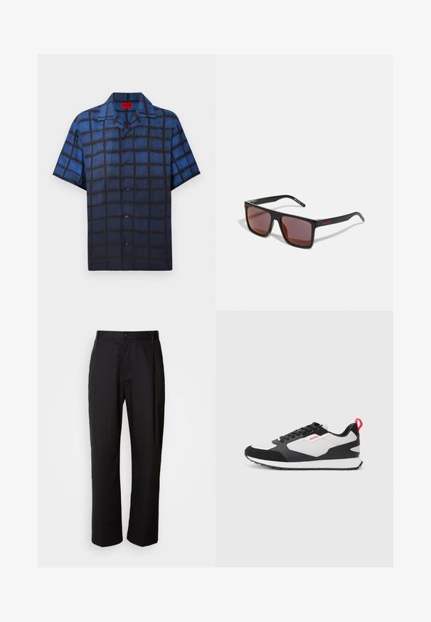 Pánska košeľa na krátky rukáv s modro-čiernym texturovaným vzorom okienkov a rozšíreným golierom.; Čierne nohavice so širokým strihom, vyrobené z ľahkej tkaniny. Obsahujú predné zapínanie na gombík a dva bočné vrecká; hladká textúra.; Čierno-biele tenisky so zvrškom z semišu a sieťoviny, vybavené červeným pútkom a textúrovanou podrážkou. Šnurovací dizajn s detailom loga.; Čierne obdĺžnikové slnečné okuliare s tmavočervenými sklami, s matným povrchom a červeným logo na ramene. Pevný plastový rám.