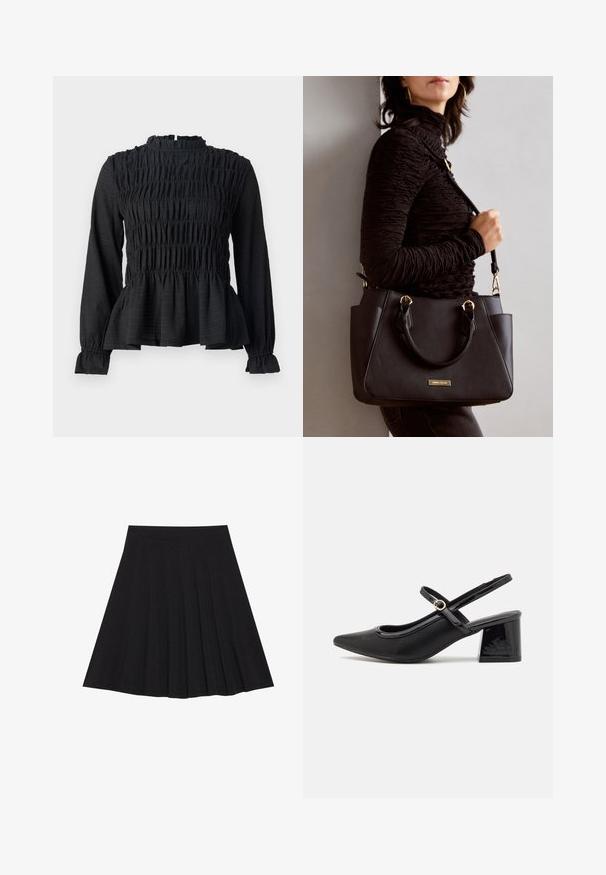 Melna garo piedurkņu blūze ar smockotu detalizāciju, augstu kaklu un izsistīgu peplum apakšmalu. Izgatavota no fakturēta auduma ar rūtainiem piedurkņu galiem.; Melna plisētā svārku ir izgatavota no teksturēta auduma ar ietilpīgu jostasvietu. Svārki ir līdz ceļiem un tiem ir gluda, tīra silueta.; Melns patentēts ādas sandales ar norādīta pirksta formu, noapaļotu izgriezuma dizainu un bloķētu papēdi. Iezīmēta ar zelta toņa sprādzi.; Melnā rokassoma ar teksturētu virsmu, diviem augšējiem rokturiem un regulējamu pleca siksnu. Iespējas ar zelta krāsas aparatūru un sānu kabatām.