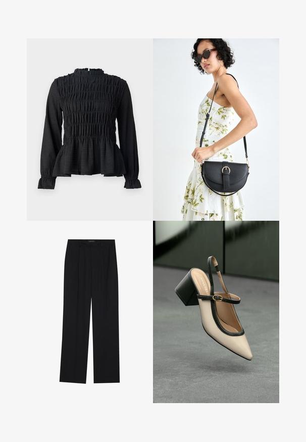 Schwarzes Langarmoberteil mit gefälteltem Detail, hohem Kragen und ausgestelltem Peplum-Saum. Hergestellt aus strukturiertem Stoff mit Rüschenausschnitten.; Schwarze Hose mit geradem Bein, ausgestattet mit zwei frontalen Taschen und einem Taillenbund. Hergestellt aus einem glatten, leichten Stoff.; Beiger Slingback-Pumps mit spitz zulaufender Schuhspitze, schwarzem Besatz und Schnallendetail. Glattes Material mit matter Oberfläche, mittelhoher Blockabsatz.; Schwarze Lederhandtasche mit geschwungener Form, abnehmbarem Tragegurt und goldenen Beschlägen. Die Tasche verfügt über einen Deckel mit einer Schnallen-Details.