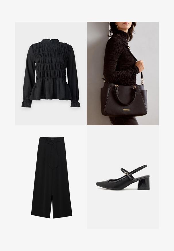 Black long-sleeve top featuring smocked detailing, high neck, and a flared peplum hem. Made from textured fabric with ruffled cuffs.; Black wide-leg pants featuring a textured fabric, an elastic waistband, and a detachable sash tie at the waist for adjustable fit.; Black patent leather slingback heels with a pointed toe, a rounded cutout design, and a block heel. Features a gold-tone buckle accent.; Black handbag with textured surface, dual top handles, and adjustable shoulder strap. Features gold-tone hardware and side pockets.