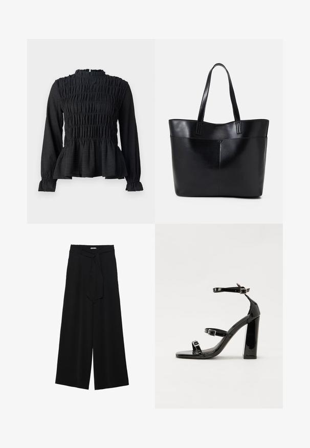 Black long-sleeve top featuring smocked detailing, high neck, and a flared peplum hem. Made from textured fabric with ruffled cuffs.; Black wide-leg pants featuring a textured fabric, an elastic waistband, and a detachable sash tie at the waist for adjustable fit.; Black patent heeled sandals with a square toe, ankle straps, and silver buckles. Features a chunky block heel for stability.; Black leather tote bag with two long handles, a smooth texture, and a structured shape. Features a front pocket for additional storage.