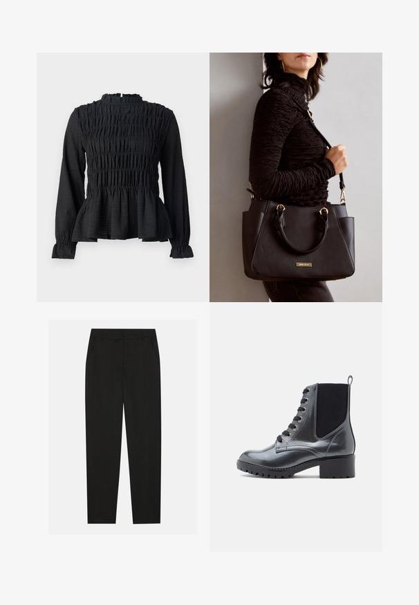 Črn dolg rokav top z smock detajli, visokim ovratnikom in širokim peplum robom. Narejen iz teksturirane tkanine z nabranimi manšetami.; Črne hlače z oblikovanim krojem, ki imajo stranske žepke in ravno nogavico. Narejene so iz gladkega, lahkotnega materiala z elegantnim zaključkom.; Črne patentne usnjene gležnjarje s blok peto, vezanjem spredaj in elastiko na straneh za enostavno obuvanje. Trpežen podplat za oprijem.; Črna torbica z teksturirano površino, z dvema zgornjima ročajema in nastavljivim ramenskim pasom. Ima zlatovrateče dodatke in stranske žepe.