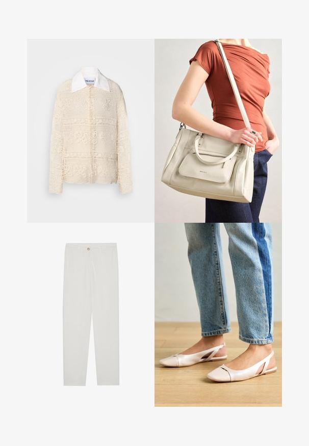 Lace blouse with a structured white collar, featuring intricate floral patterns in cream fabric, long sleeves, and a relaxed fit.; White, tailored trousers with a straight leg design, featuring a button closure, belt loops, and side pockets; smooth fabric texture.; Pale pink slingback flats with a pointed toe, made from a smooth leather-like material. Features cut-out details at the sides and a flat heel.; White leather handbag with dual handles and a detachable strap, featuring a front zip pocket and smooth texture. Carrying on a person's arm.