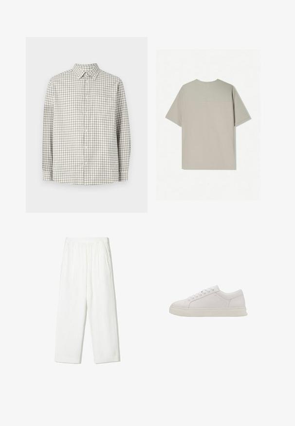 Dlhý rukáv, košeľa na gombíky v svetlo béžovej farbe s tmavo šedým kockovaným vzorom. Obsahuje golier a jednu náprsní kapsu. Mäkká textúra látky.; Bežové bavlnené tričko s krátkymi rukávmi. Má jednoduchý dizajn a okrúhly výstrih. Hladká textúra s minimálnym šitím na zadnej strane.; Biele, široké nohavice vyrobené z textúrovanej tkaniny. Majú elastický pás a dve bočné vrecká. Príležitostný, voľný strih.; Biele kožené tenisky s okrúhlou špičkou, plochou podrážkou a šiestimi dierkami. Oproti tomu sa vyznačujú hladkou textúrou a minimalistickým dizajnom. Bez viditeľných vzorov alebo akcentov.
