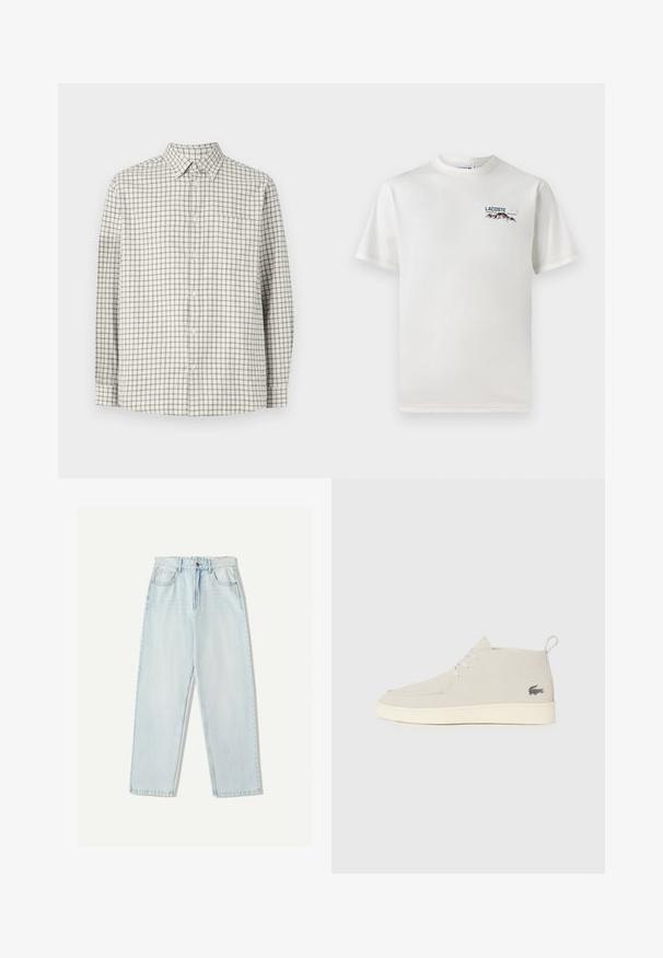 Langärmliges Hemd mit Knopfleiste in hellbeige mit einem dunkelgrauen Karomuster. Verfügt über einen Kragen und eine einzelne Brusttasche. Weicher Stoff.; Weißes Baumwoll-T-Shirt mit rundem Halsausschnitt, kurzen Ärmeln und kleinem gesticktem Logo mit Bergen und Text auf der linken Brust.; Helle blaue Denim-Jeans mit lässiger Passform, geradem Beindesign, Fünf-Taschen-Stil und dezentem Verblassen des Stoffes.; Hellgraue Wildleder-Ankle-Boots mit runder Zehenpartie, weißer Gummisohle und dezentem Logo-Detail an der Seite. Mit Schnürverschluss.