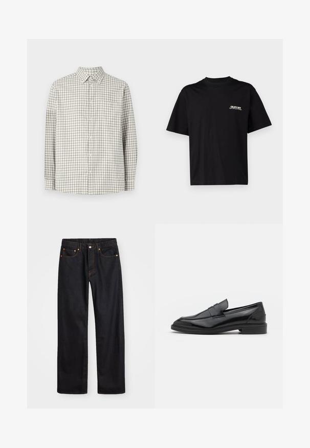 Košulja s dugim rukavima, svijetle bež boje s tamnosivim kariranim uzorkom. Ima ovratnik i jednu džep na prsima. Mekana tekstura tkanine.; Crna pamukasta majica s kratkim rukavima, okruglim izrezom i printom na lijevoj prednjoj strani u bijelom i zlatnom tekstu, s ležernim krojem.; Muške traperice ravnog kroja, crne boje, s pet džepova i narančastim šavovima, sa zatvaranjem na dugme i patentni zatvarač na prednjem dijelu struka.; Crne kožne mokasine s glatkom površinom, s okruglim vrhom i uskim pojasom preko gornjeg dijela. Nizak slojeviti potplat.